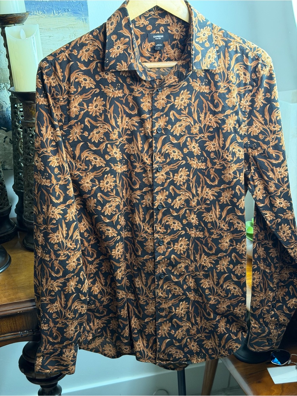 Express Black Shirt with Copper Floral Motif